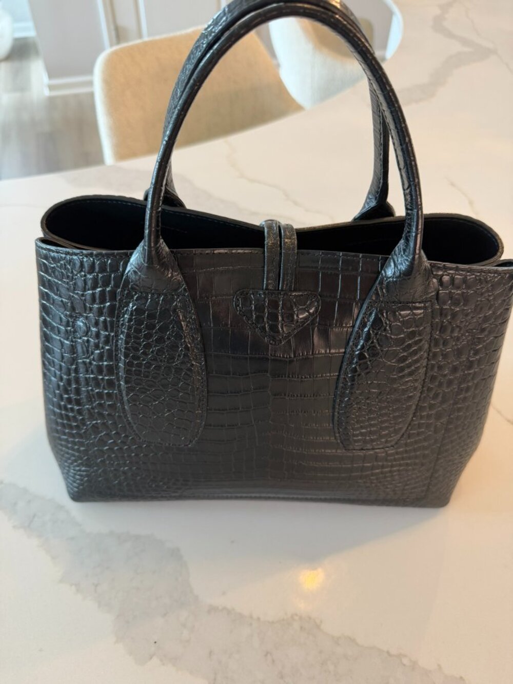 LONGCHAMP BLACK CROC EMBOSSED ROSEAU LARGE PURSE - Picture 2 of 6